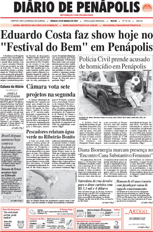 Capa do jornal DIÁRIO impresso deste sábado (23)