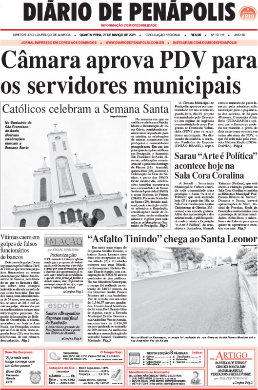 Capa do jornal DIÁRIO impresso desta quarta-feira (27)