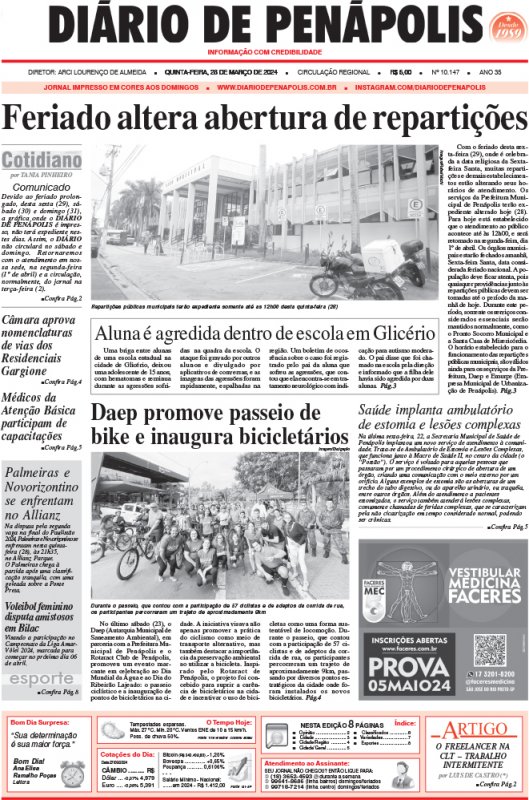 Capa do jornal DIÁRIO impresso desta quinta-feira (28)