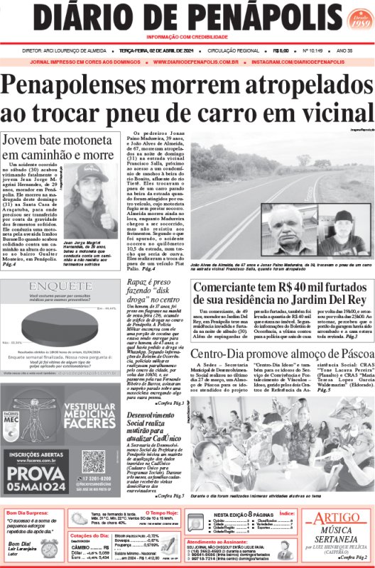 Capa do jornal DIÁRIO impresso desta terça-feira (02)