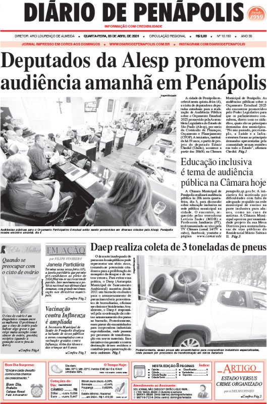 Capa do jornal DIÁRIO impresso desta quarta-feira (03)