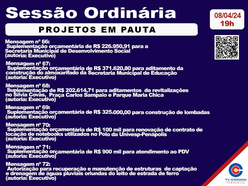 Câmara Municipal votará sete projetos em sessão nesta segunda-feira