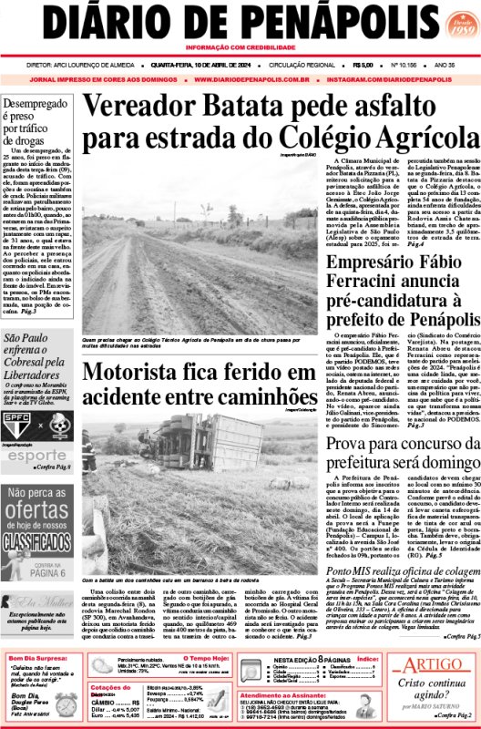 Capa do jornal DIÁRIO impresso desta quarta-feira (10)