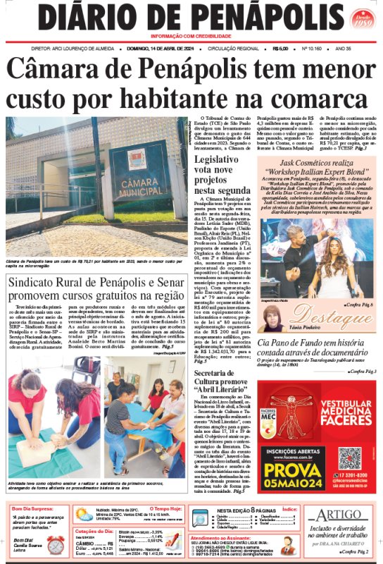 Capa do jornal DIÁRIO impresso deste domingo (14)