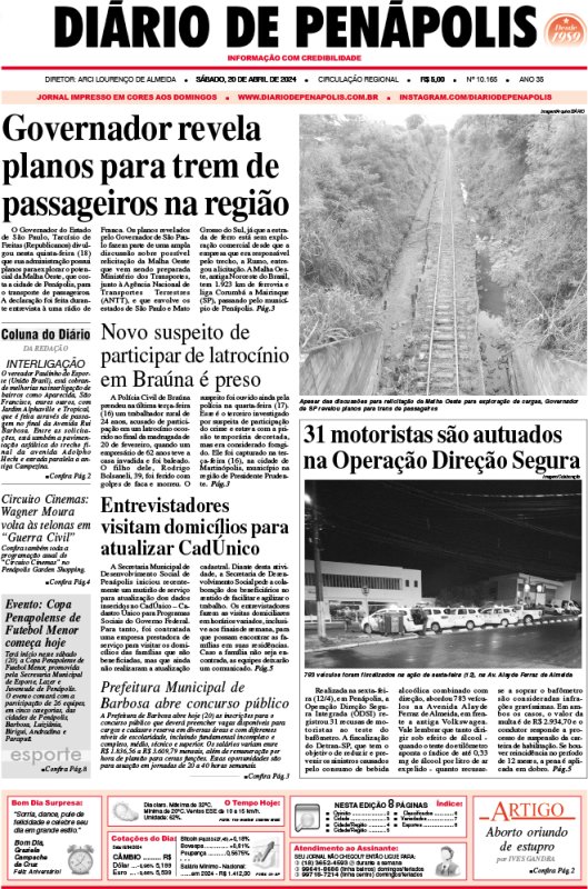 Capa do jornal DIÁRIO impresso deste sábado (20)