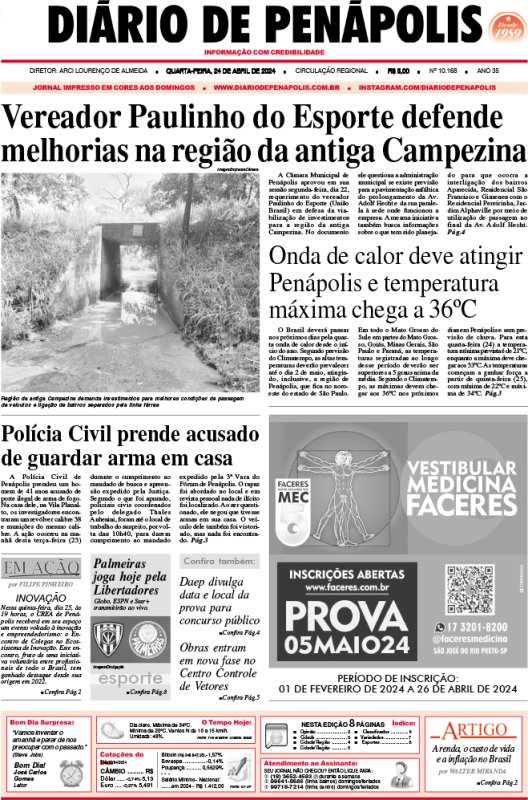 Capa do jornal DIÁRIO impresso desta quarta-feira (24)