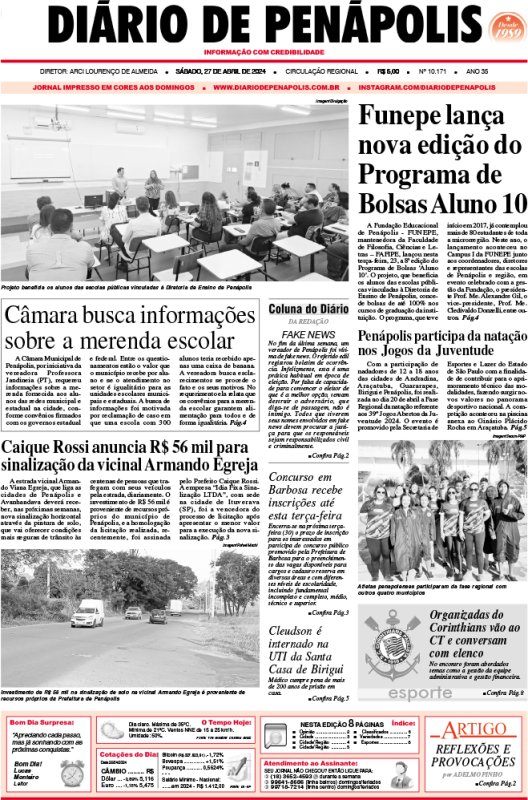 Capa do jornal DIÁRIO impresso deste sábado (27)