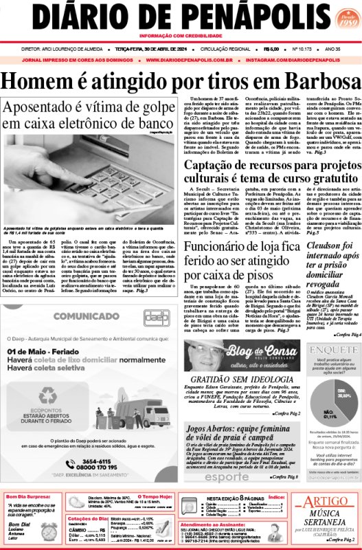 Capa do jornal DIÁRIO impresso desta terça-feira (30)