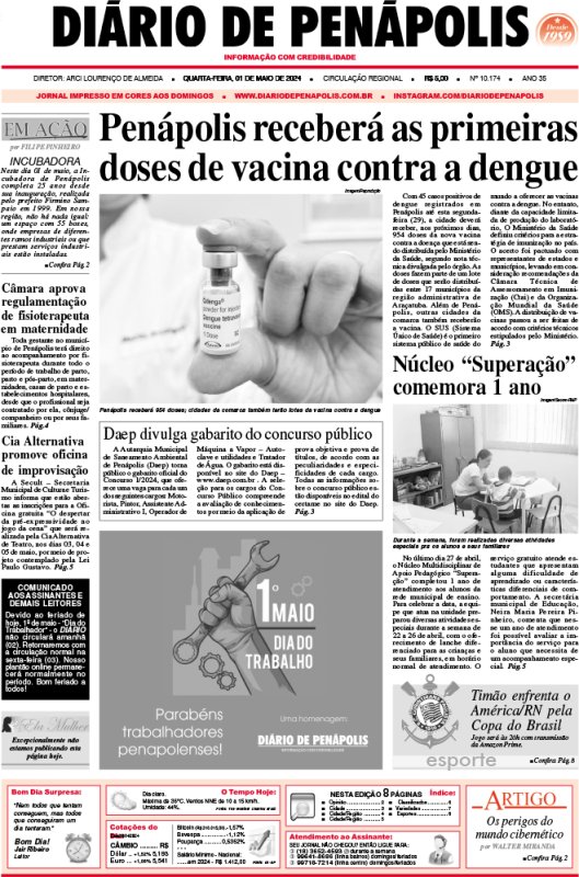Capa do jornal DIÁRIO impresso desta quarta-feira (01)