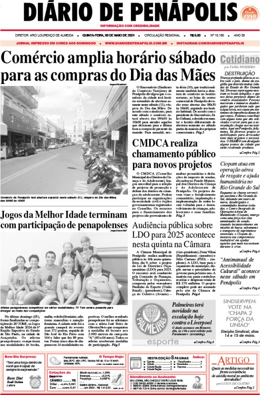 Capa do jornal DIÁRIO impresso desta quinta-feira (09)