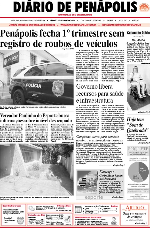 Capa do jornal DIÁRIO impresso deste sábado (11)