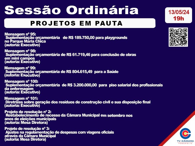 Câmara tem 7 projetos para votação em sessão nesta segunda-feira
