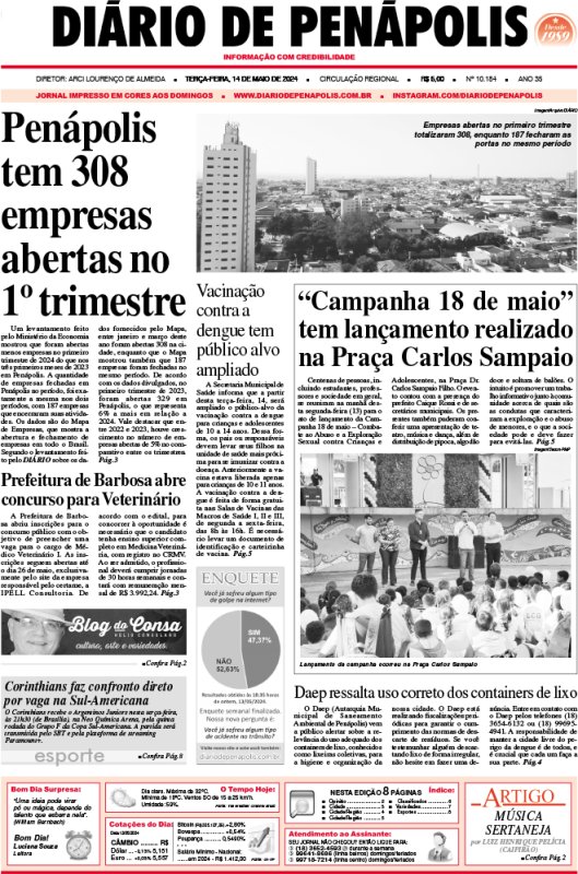 Capa do jornal DIÁRIO impresso desta terça-feira (14)