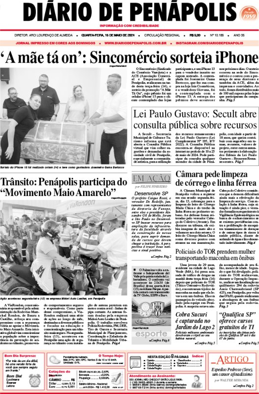 Capa do jornal DIÁRIO impresso desta quarta-feira (15)