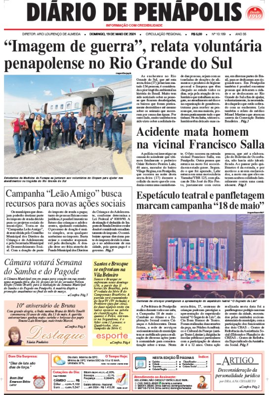 Capa do jornal DIÁRIO impresso deste domingo (19)