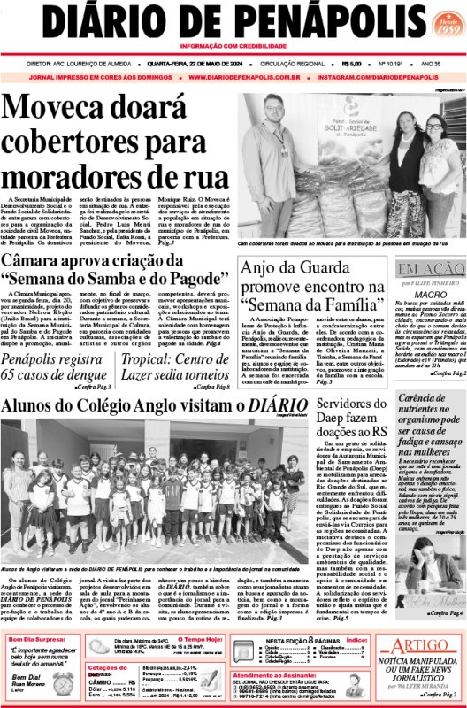 Capa do jornal DIÁRIO impresso desta quarta-feira (22)