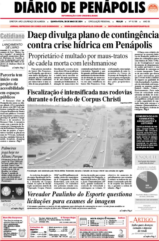 Capa do jornal DIÁRIO impresso desta quinta-feira (30)