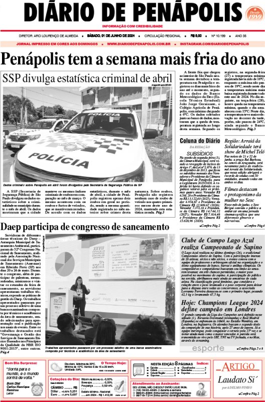 Capa do jornal DIÁRIO impresso deste sábado (01)