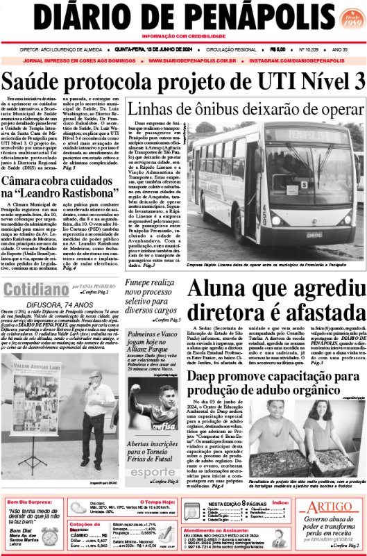 Capa do jornal DIÁRIO impresso desta quinta-feira (13)