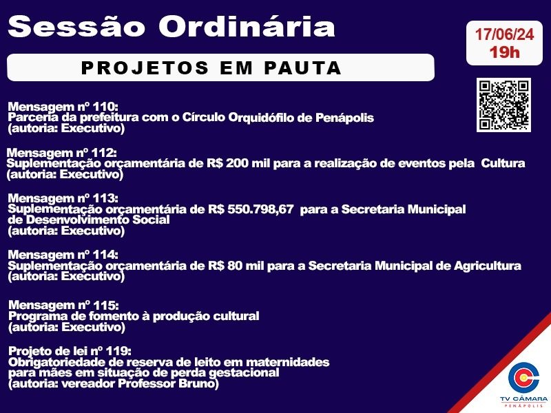Câmara Municipal de Penápolis votará 6 projetos nesta segunda-feira
