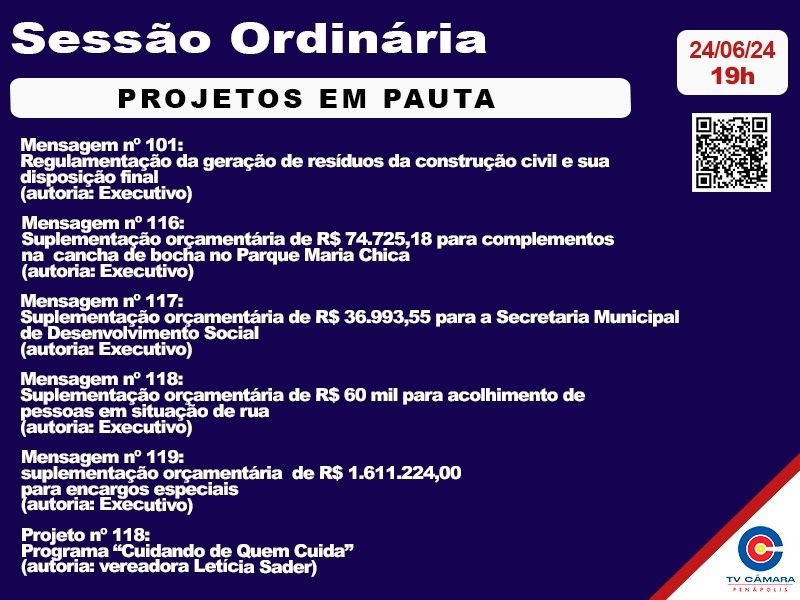 Câmara tem 6 projetos para votação em sessão nesta segunda-feira