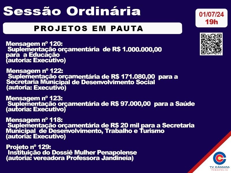 Câmara votará 5 projetos em sessão nesta segunda-feira