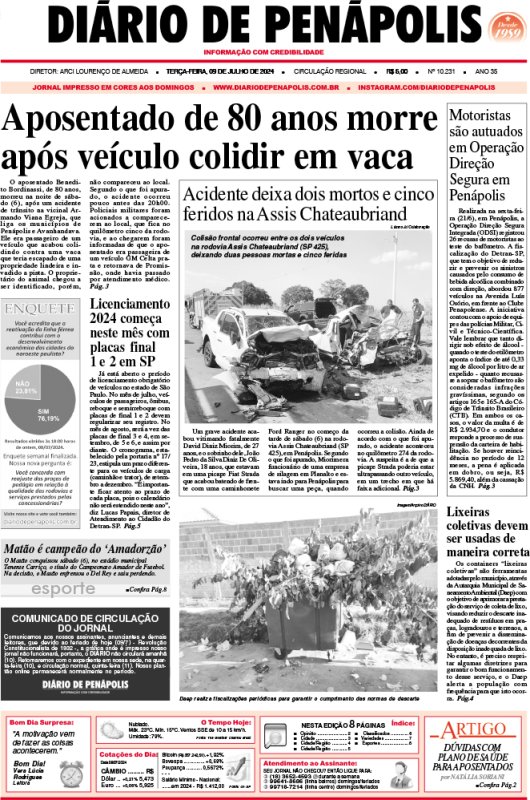 Capa do jornal DIÁRIO impresso desta terça-feira (09)