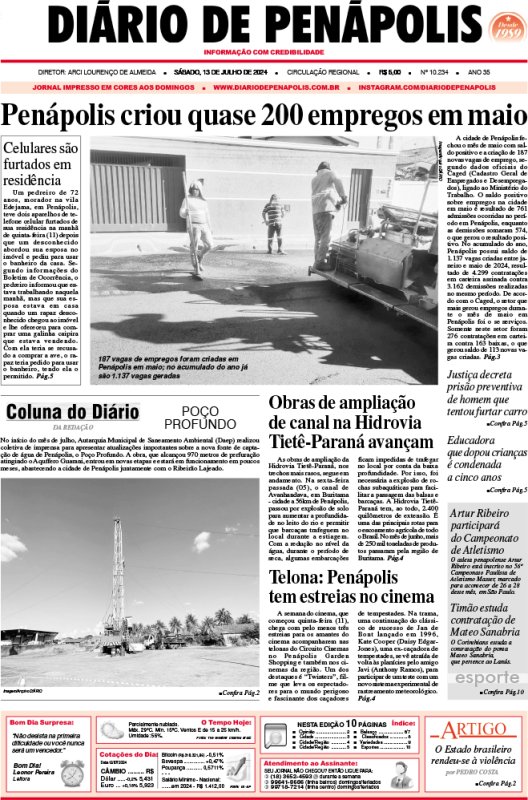 Capa do jornal DIÁRIO impresso deste sábado (13)
