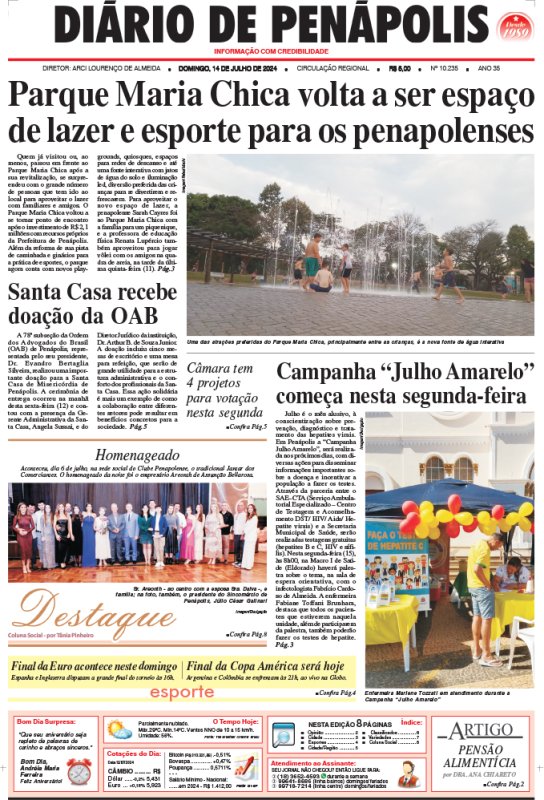 Capa do jornal DIÁRIO impresso deste domingo (14)