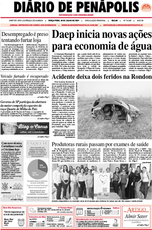 Capa do jornal DIÁRIO impresso desta terça-feira (16)