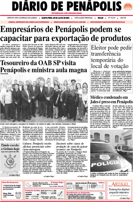 Capa do jornal DIÁRIO impresso desta quinta-feira (25)