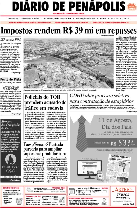 Capa do jornal DIÁRIO impresso desta sexta-feira (26)