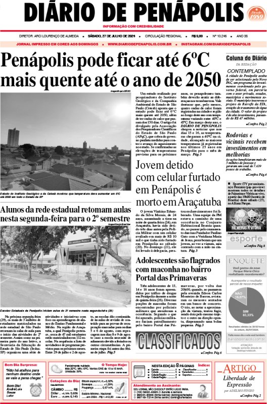 Capa do jornal DIÁRIO impresso deste sábado (27)