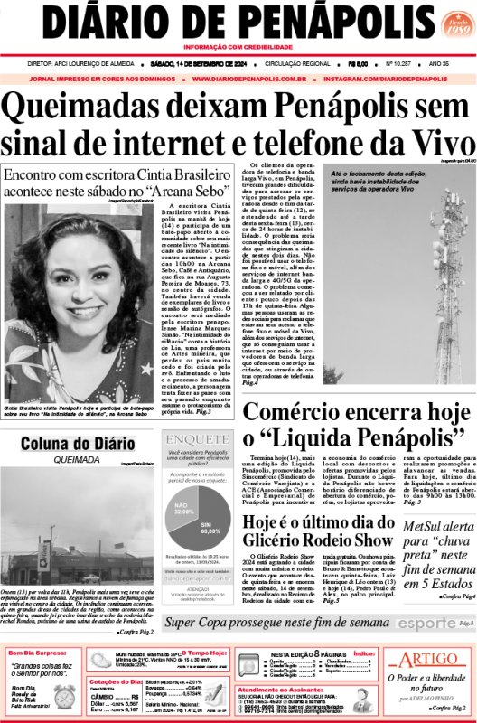 Capa do jornal DIÁRIO impresso deste sábado (14)