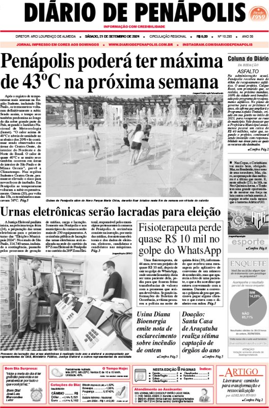 Capa do jornal DIÁRIO impresso deste sábado (21)
