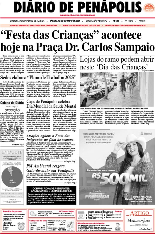 Capa do jornal DIÁRIO impresso deste sábado (12)