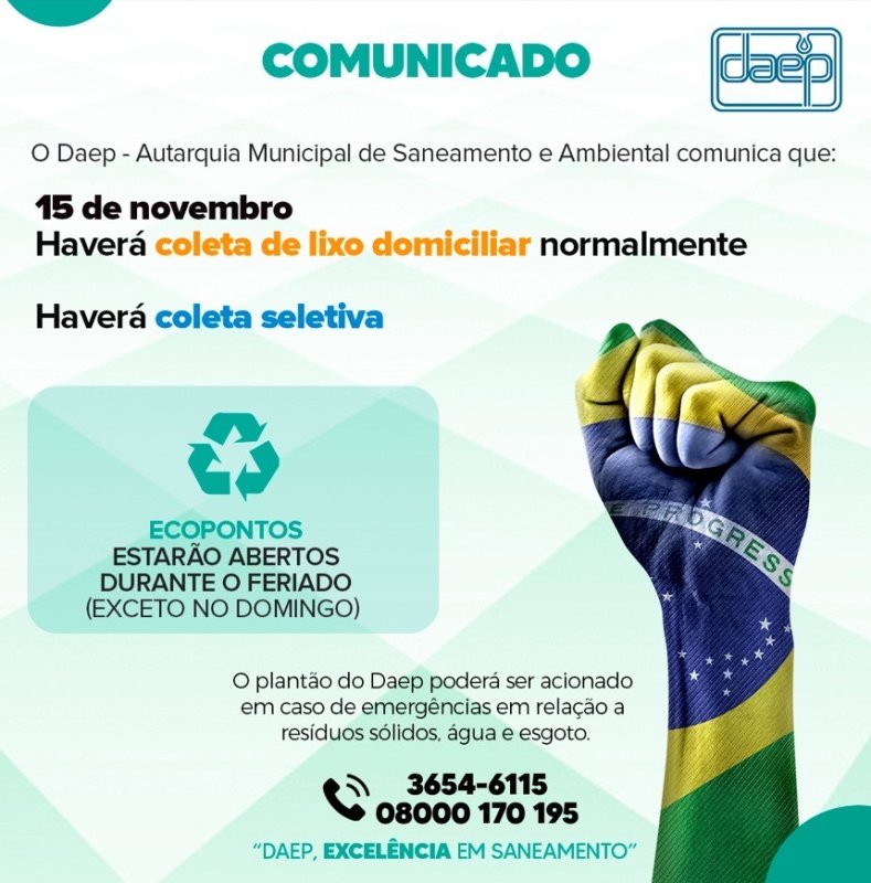 Daep comunica sobre coleta de lixo neste feriado
