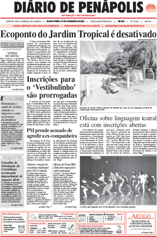 Capa do jornal DIÁRIO impresso desta quarta-feira (27)