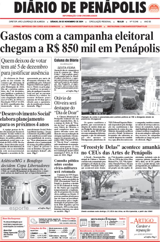 Capa do jornal DIÁRIO impresso deste sábado (30)