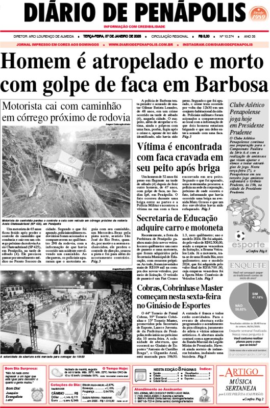Capa do jornal DIÁRIO impresso deste terça-feira (07)