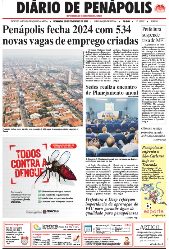 Capa do jornal DIÁRIO impresso deste domingo (02)
