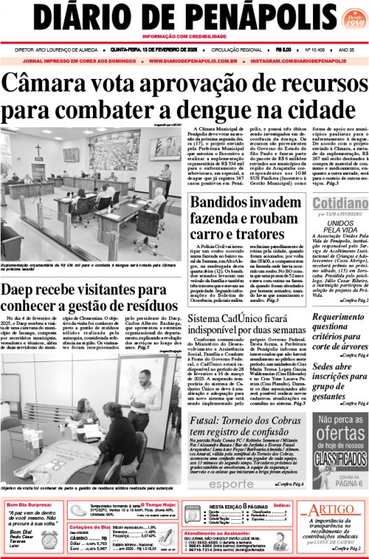 Capa do jornal DIÁRIO impresso desta quinta-feira (13)