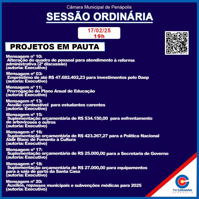 Câmara Municipal tem 9 projetos para votação nesta segunda-feira