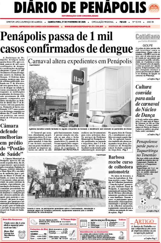 Capa do jornal DIÁRIO impresso desta quinta-feira (27)
