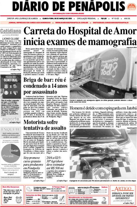 Capa do jornal DIÁRIO impresso desta quinta-feira (06)
