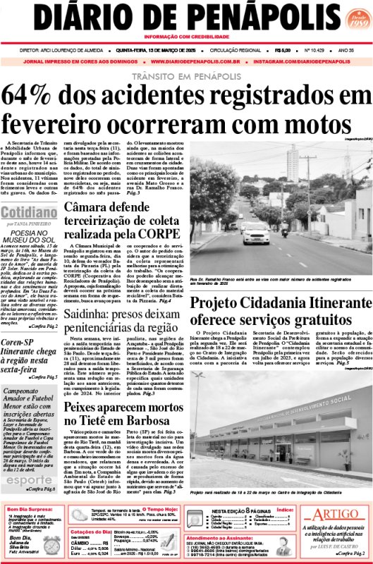 Capa do jornal DIÁRIO impresso desta quinta-feira (13)