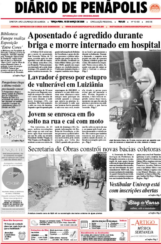 Capa do jornal DIÁRIO impresso desta terça-feira (18)