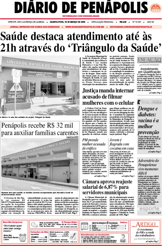 Capa do jornal DIÁRIO impresso desta quarta-feira (19)