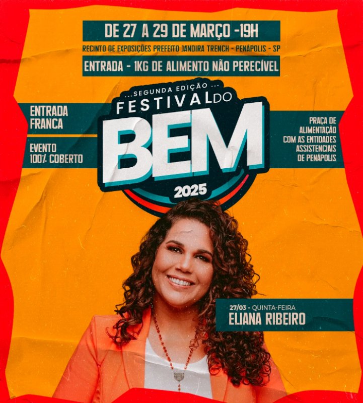 2º Festival do Bem: cantora Eliana Ribeiro se apresenta hoje em Penápolis