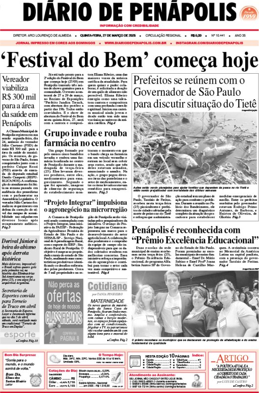 Capa do jornal DIÁRIO impresso desta quinta-feira (27)